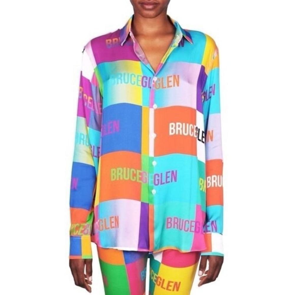 BRUCE GLEN Happy Patchwork Rainbow 100% Silk All Over Print Logo Shirt Blouse